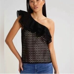 J Crew Black One Shoulder Ruffle Top in Eyelet Size 8